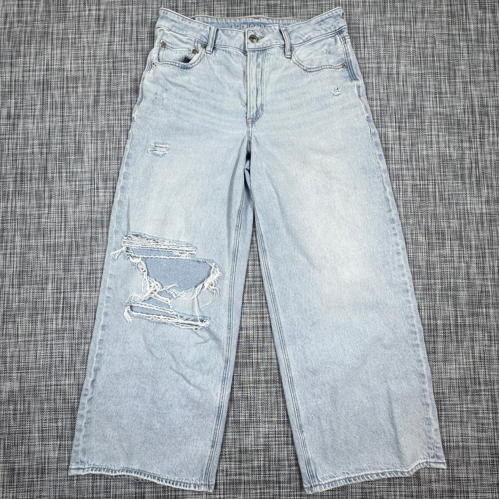 American Eagle Jeans Womens 6R Blue Super High Rise Baggy Wide Leg Ankle Ripped